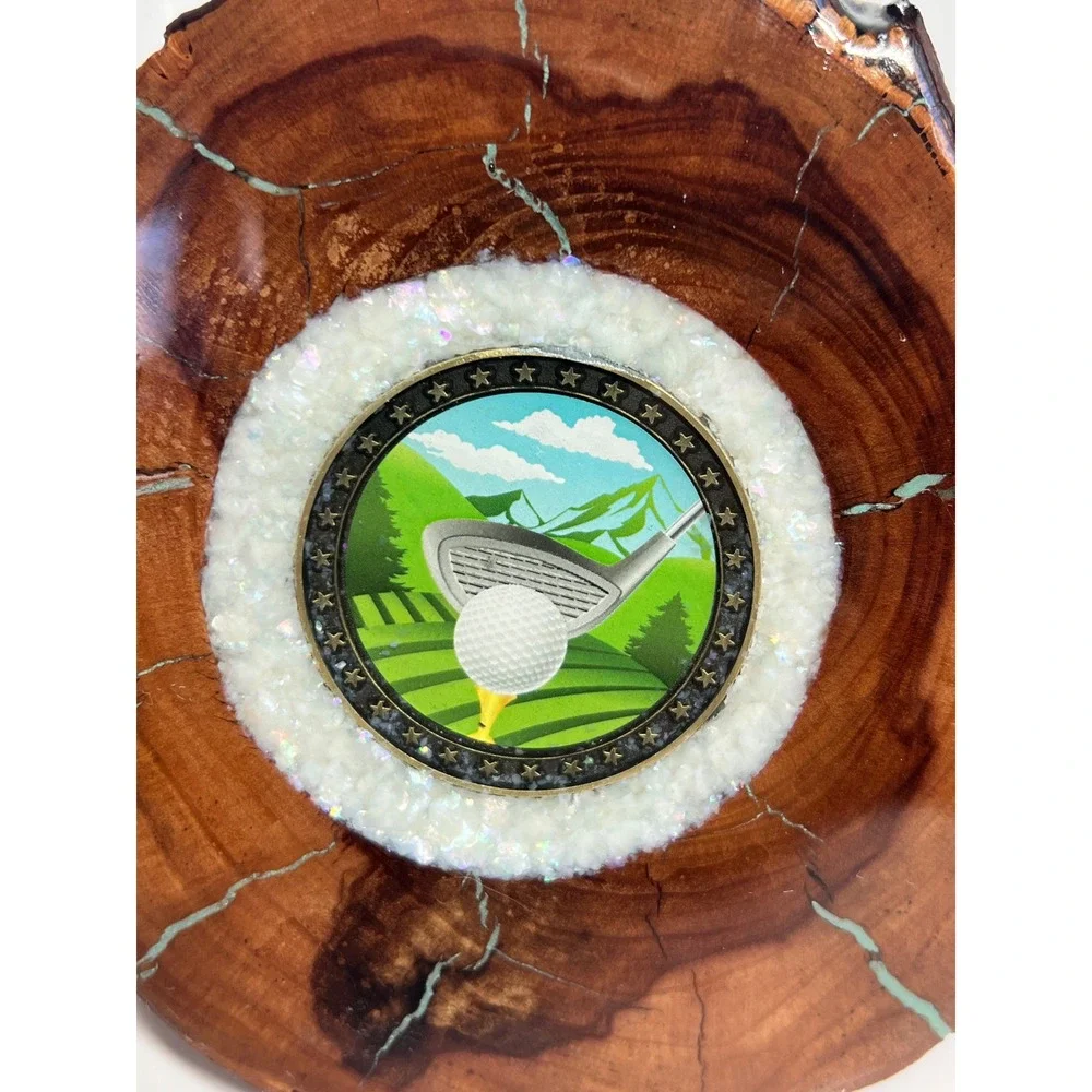 Handmade Wood Slice Golf Coaster Turquoise Inlay Resin Gloss Cork Back 4.75
